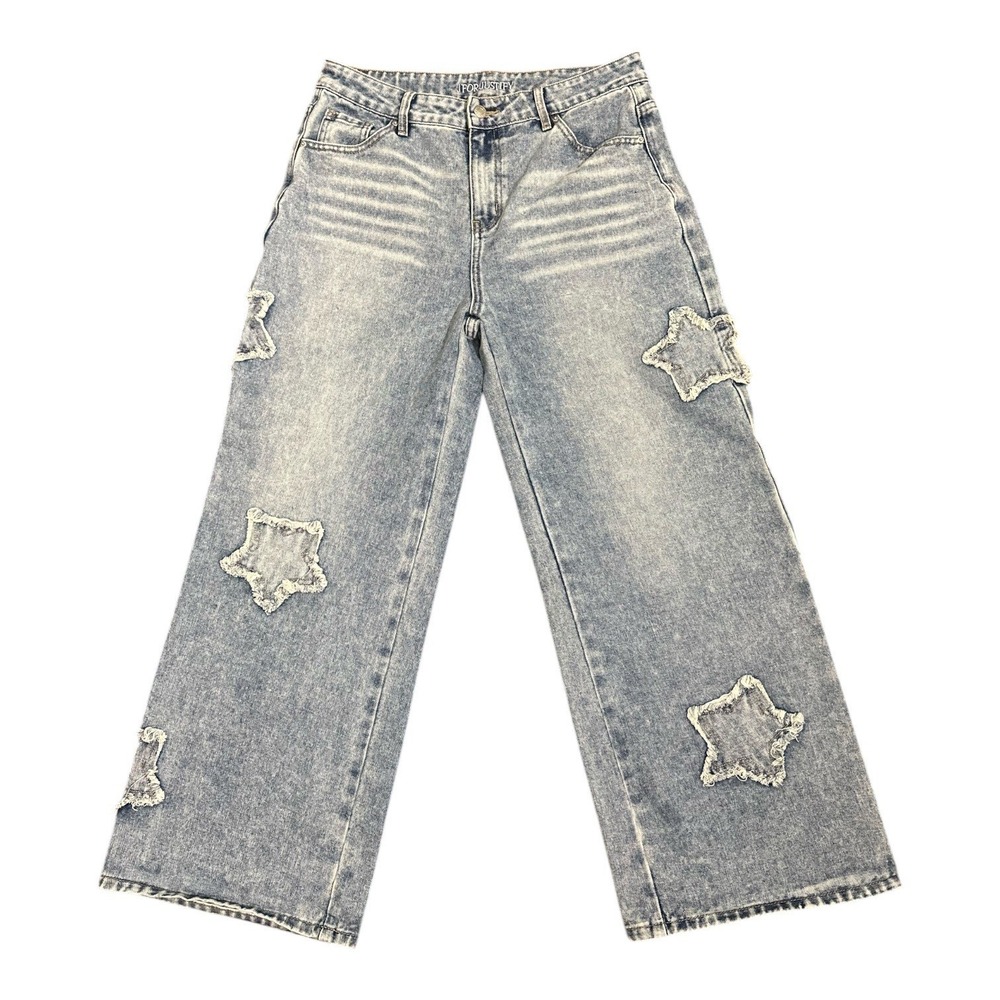 J For Justify Y2K Star Patch‎ Wide Leg Jeans Light Wash Distressed Juniors 11